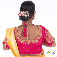 deep Pink Silk Cloth Blouse with Flower and leafs with chain and thread Design