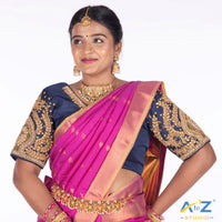 Navy Blue Silk Cloth Blouse with Small leaf and chain work Design