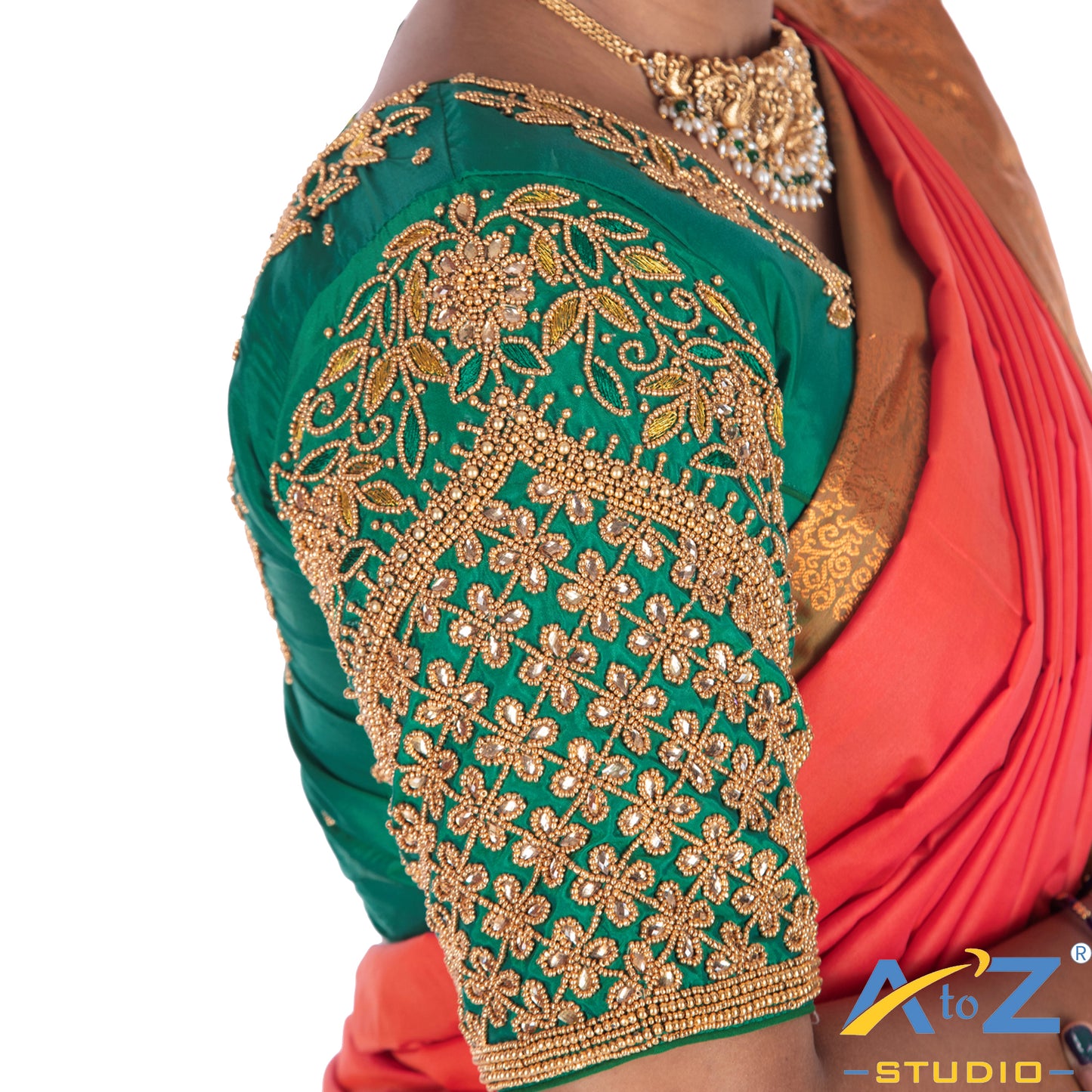 Rama Green Silk Cloth Blouse with Leaf and flower Design