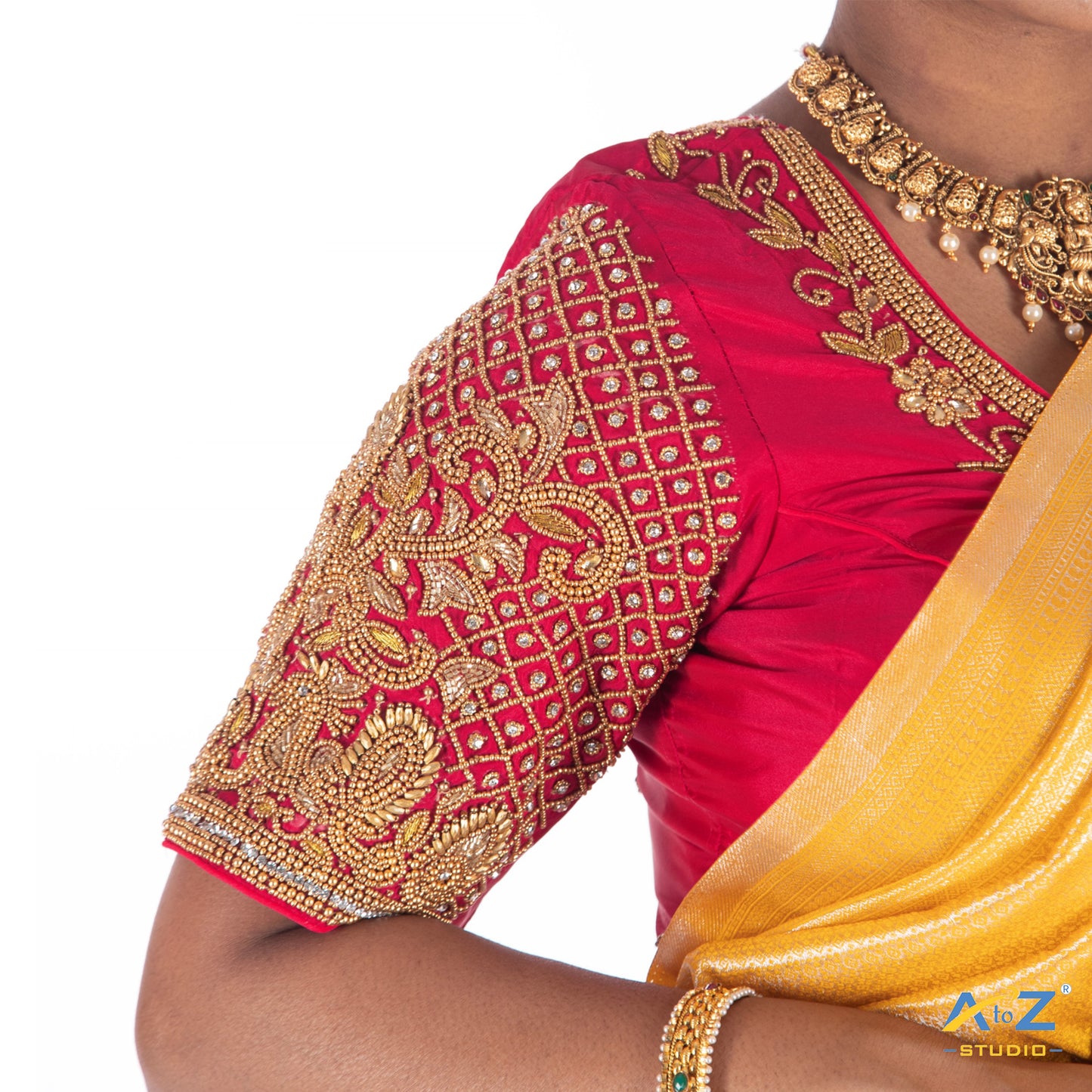 Punch Pink Silk Cloth Blouse with Small Peacock and square chain Design