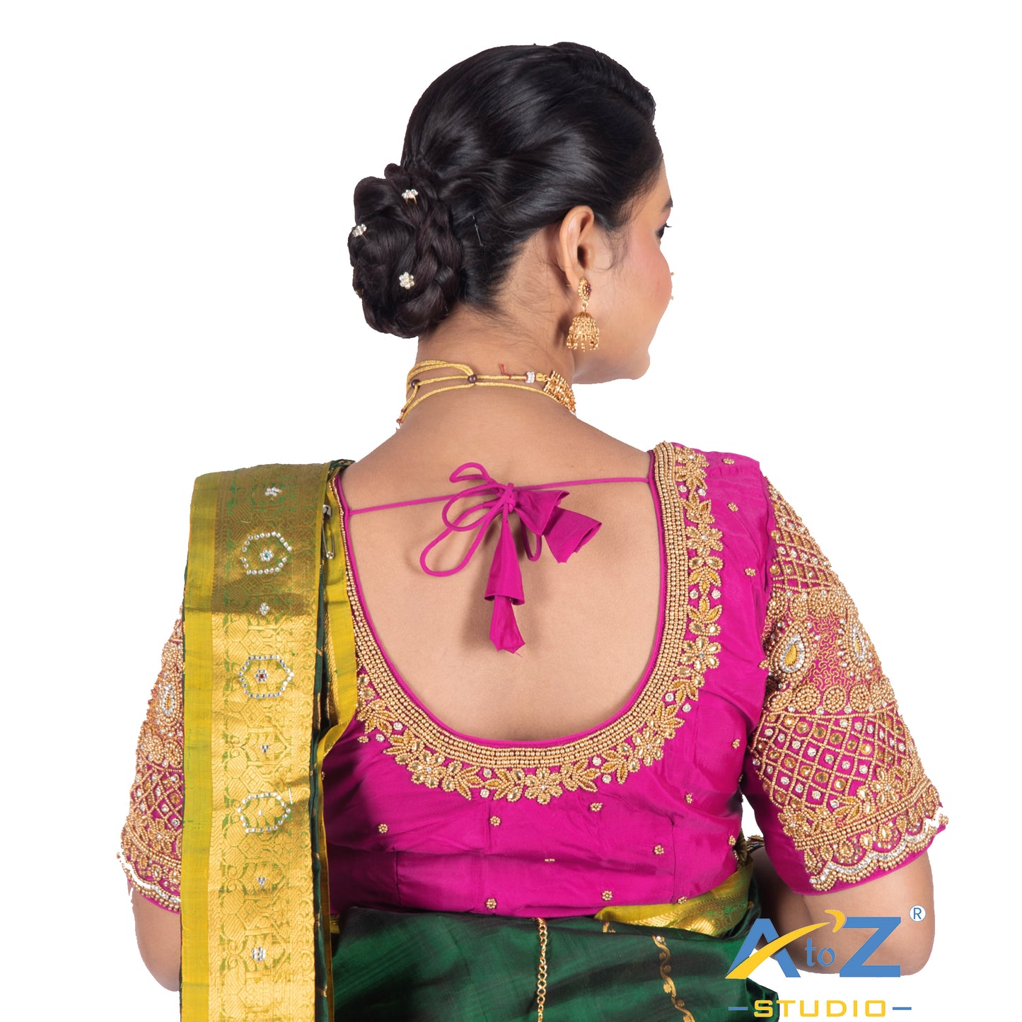 Dark Pink Silk Cloth Blouse with kundan and chain work Design