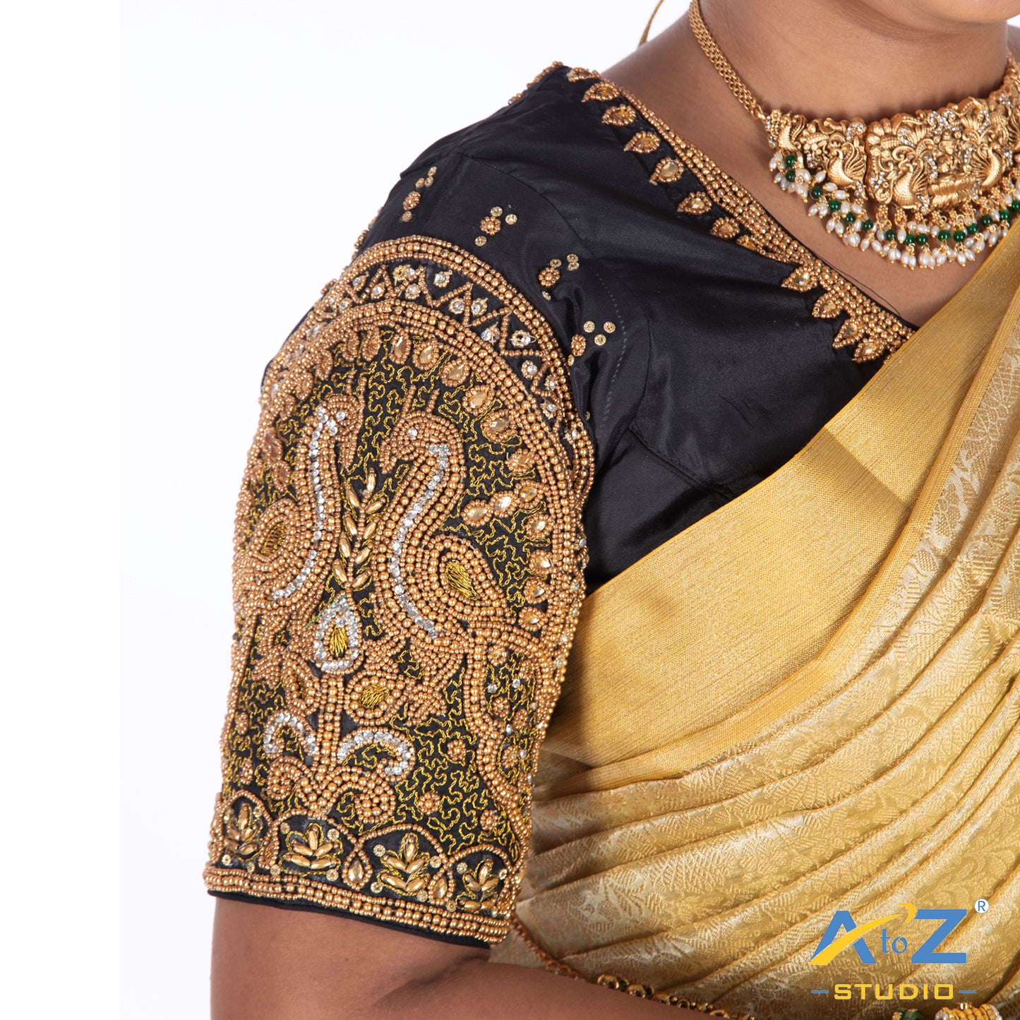 Black Silk Cloth Blouse with Double Peacock Design