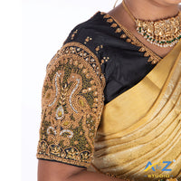 Black Silk Cloth Blouse with Double Peacock Design