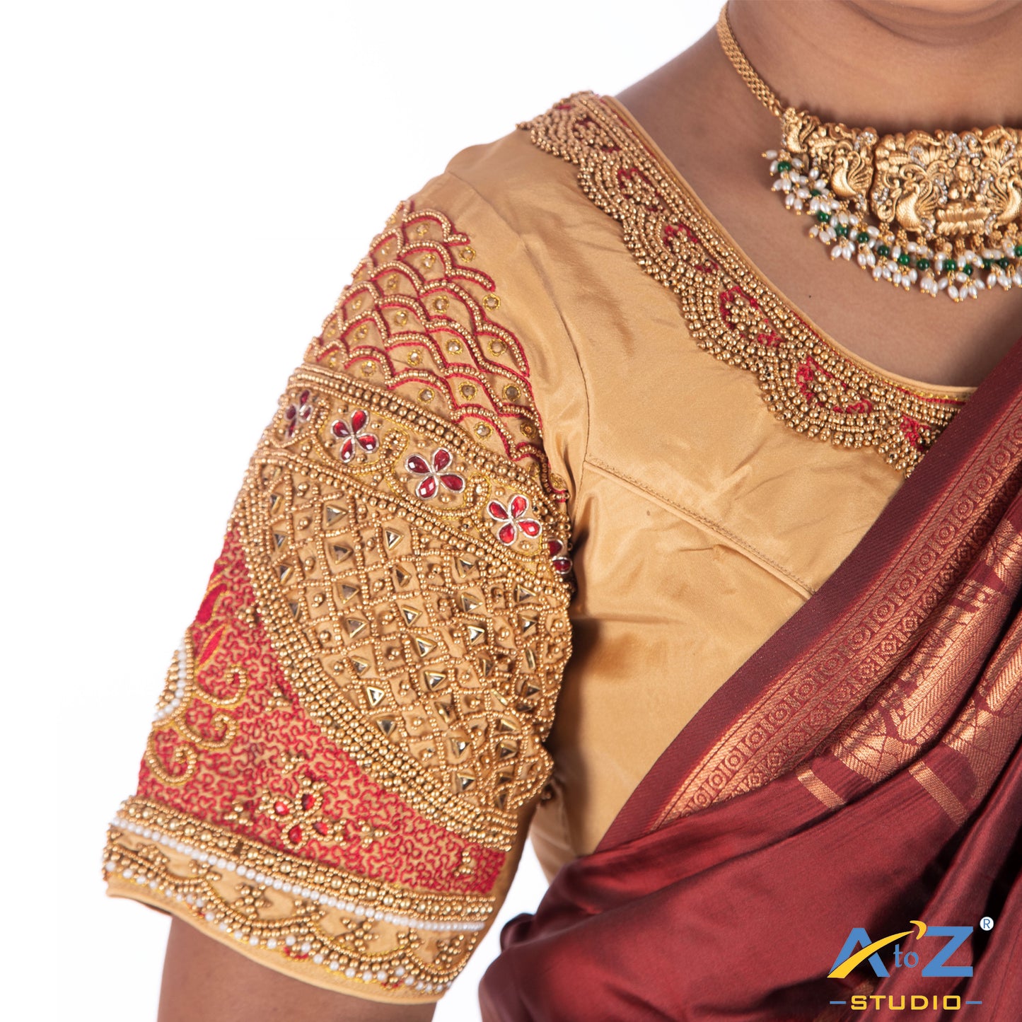 Dark Ivory Silk Cloth Blouse with Small and big chain and flowers Design