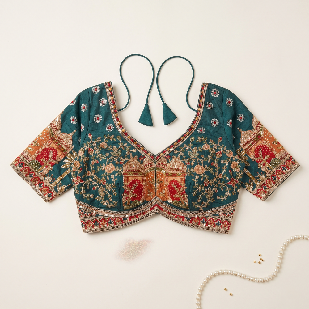 Rama Raw Silk Sweetheart Neck Blouse with Zari & Floral Embroidery