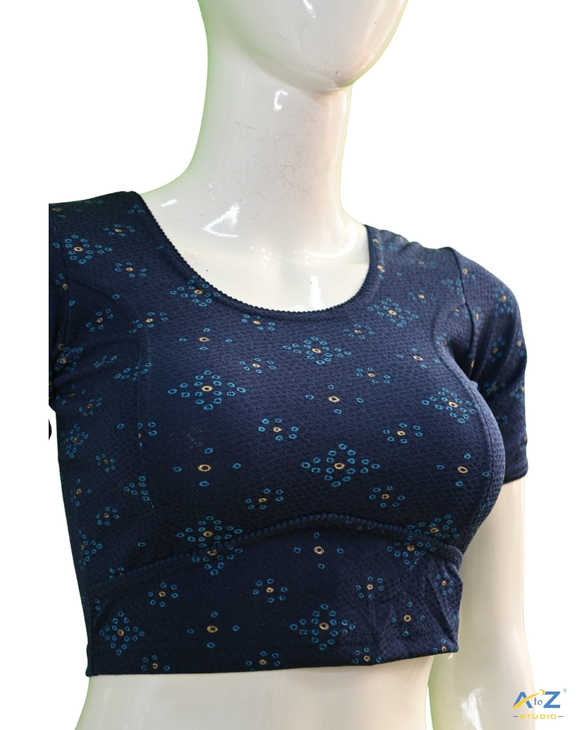 Navy Blue Crush Blouse with Bandhani Print