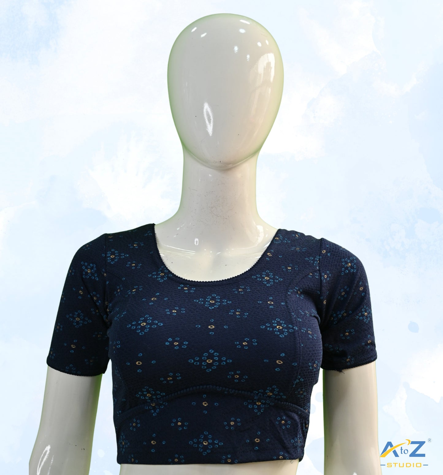 Navy Blue Crush Blouse with Bandhani Print