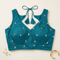 Elegant Rama Green Sequined Floral Motif Blouse with Tie-Back Latkan