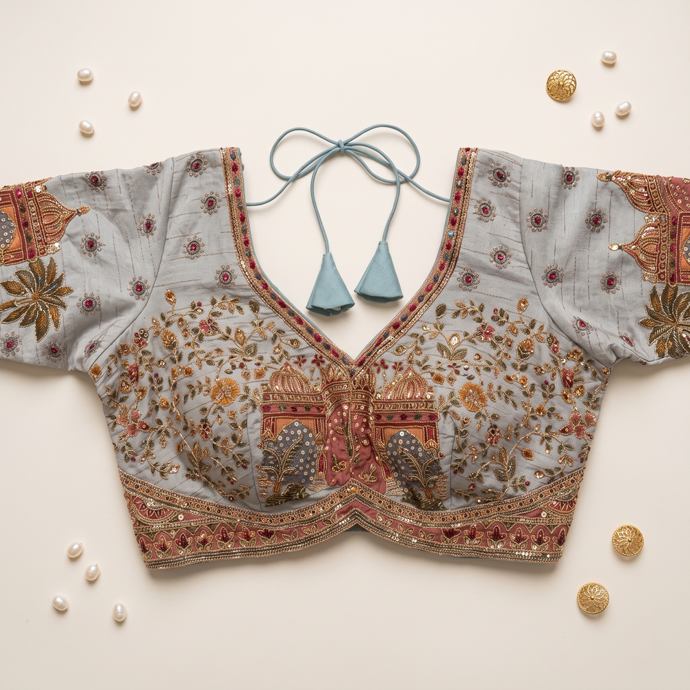 Cadet Blue Silk Sweetheart Neck Blouse with Zari & Floral Embroidery