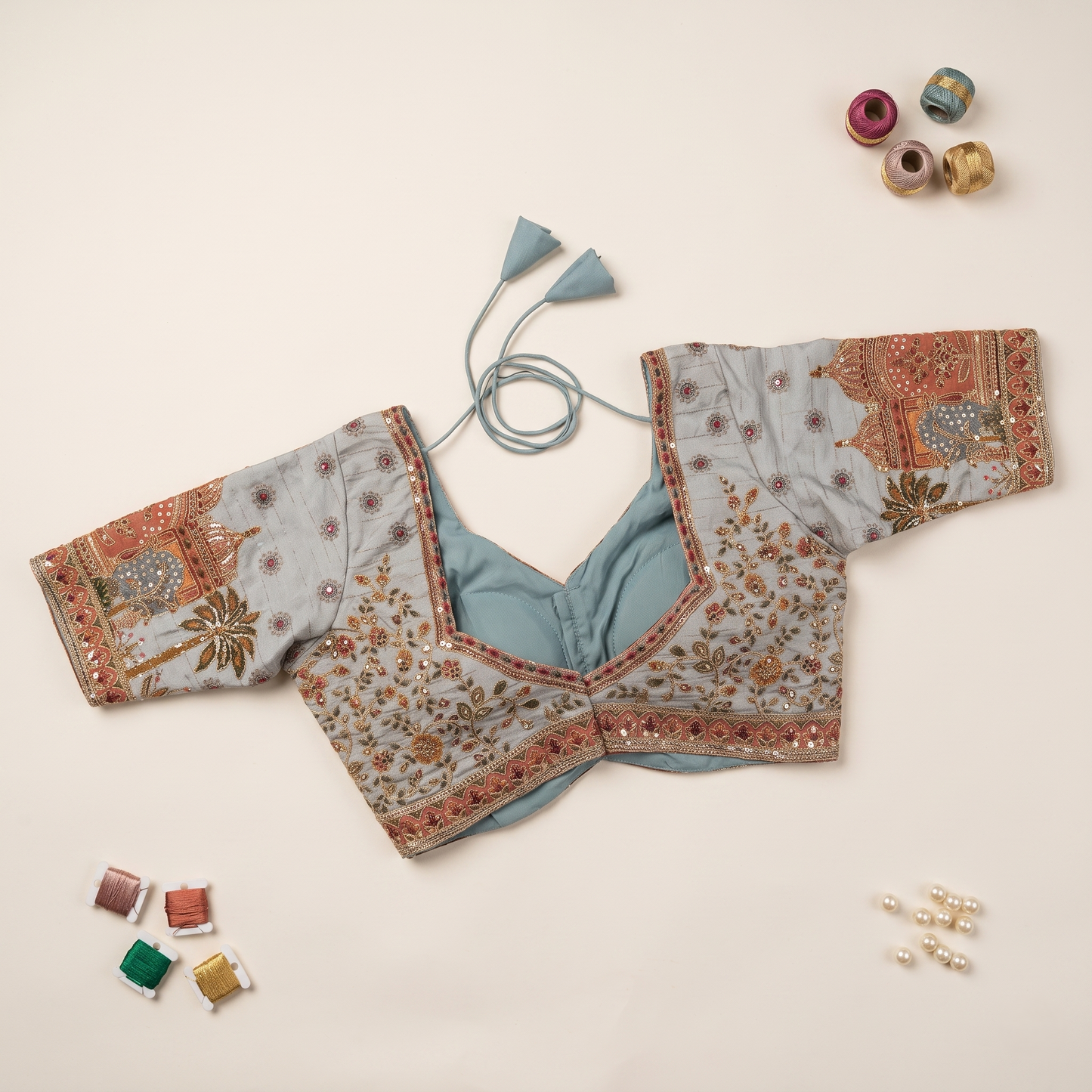 Cadet Blue Silk Sweetheart Neck Blouse with Zari & Floral Embroidery