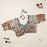 Cadet Blue Silk Sweetheart Neck Blouse with Zari & Floral Embroidery