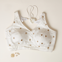 Elegant White Sequined Floral Motif Blouse with Tie-Back Latkan