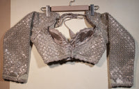 Grey Embroidered Blouse with Sheer Sleeves and Cutdana Work