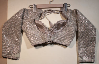 Grey Embroidered Blouse with Sheer Sleeves and Cutdana Work