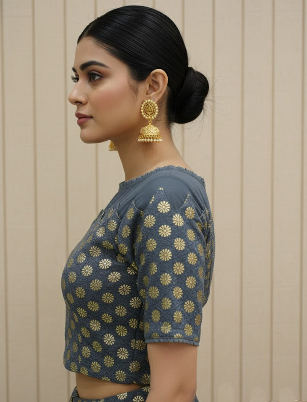 Grey  Crush Blouse with Golden Flower & Net