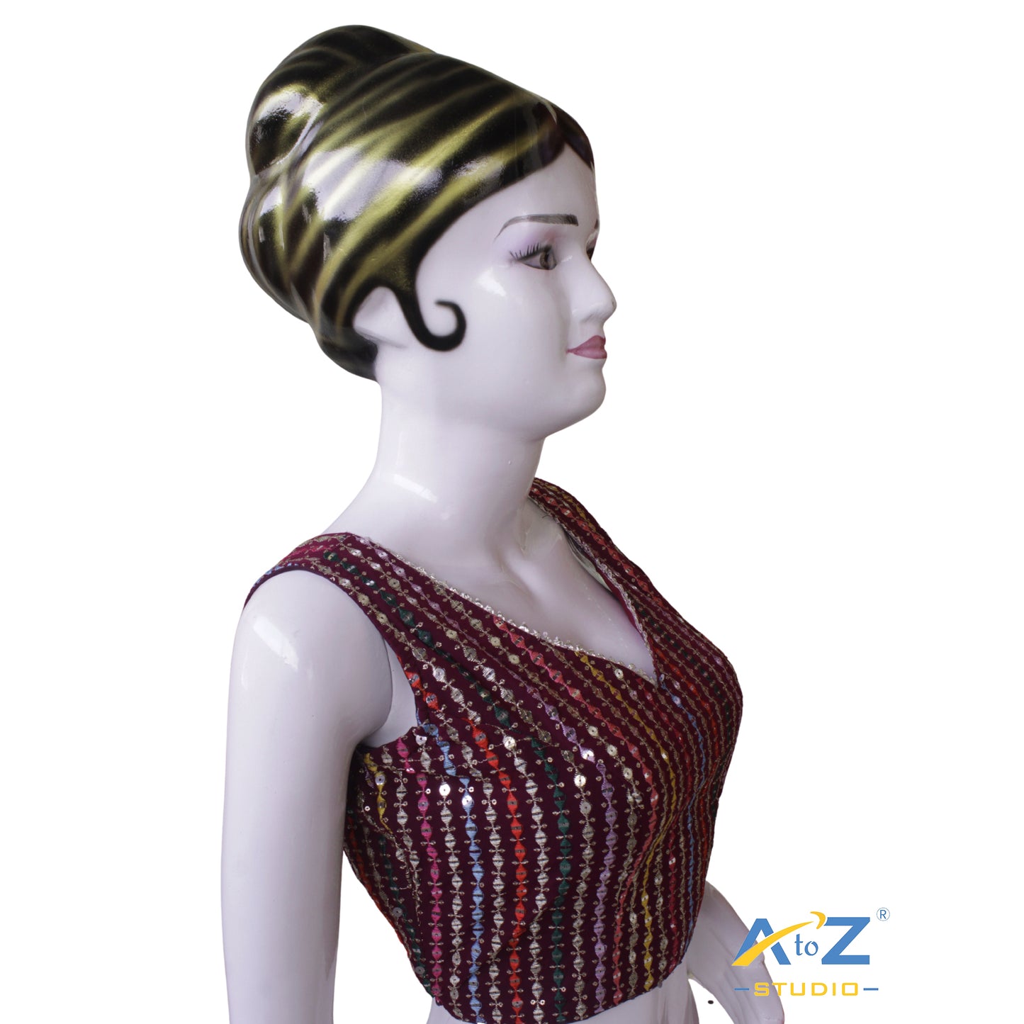 Sparkling Sequin Striped Wine Georgette Blouse with Embellished Tie-Up