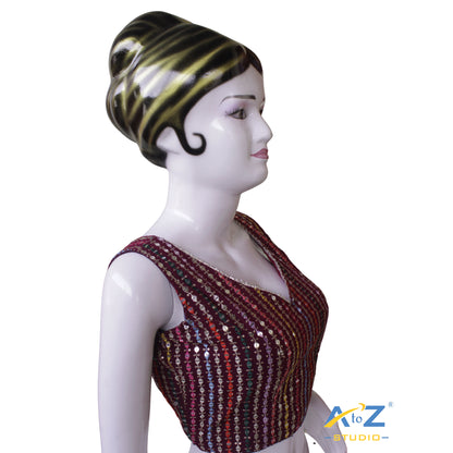 Sparkling Sequin Striped Wine Georgette Blouse with Embellished Tie-Up