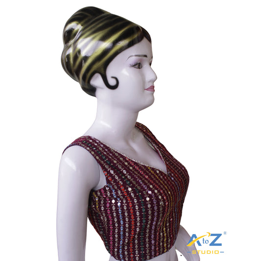 Sparkling Sequin Striped Wine Georgette Blouse with Embellished Tie-Up