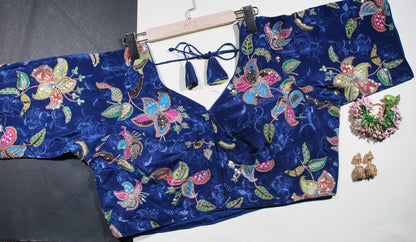 Royal Blue Velvet Floral Embroidered Blouse with Sweetheart Neck