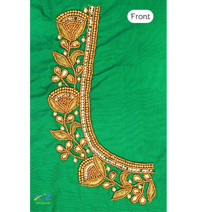 Crocodile Green Silk Blouse Piece With Aari Work