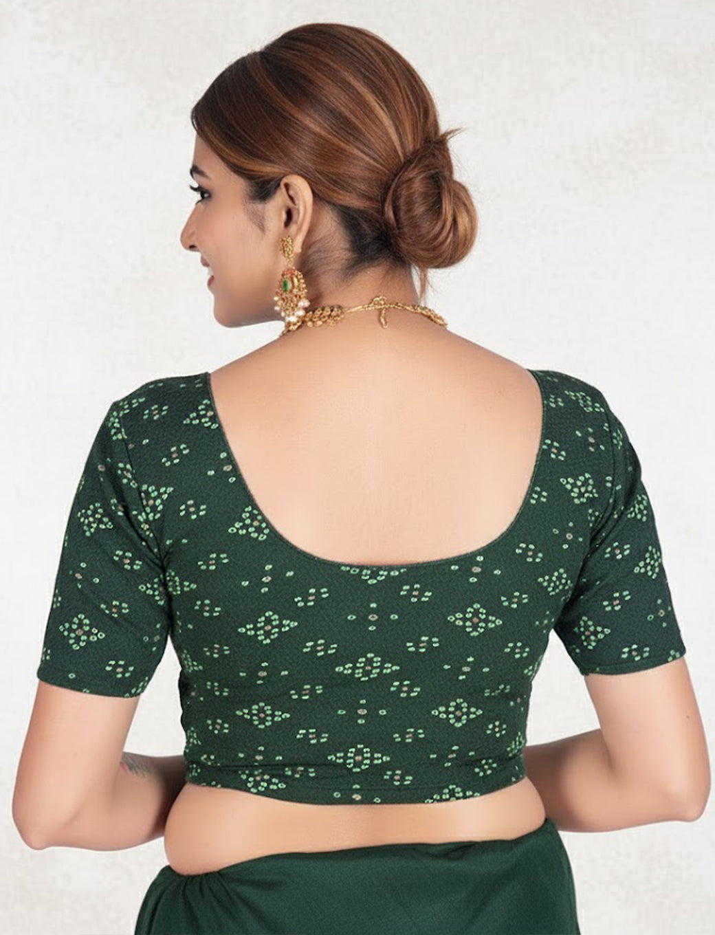 Dark Green Crush Blouse with Bandhani Print
