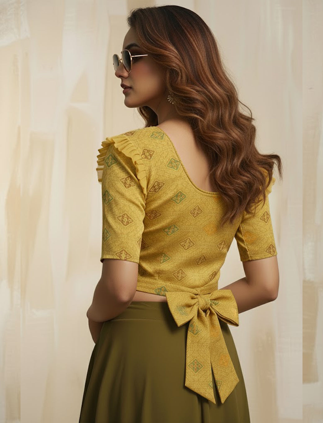 Golden Yellow Crush Blouse with Kite Print