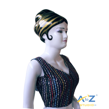 Elegant Rama Blue Georgette Blouse with Multicolor Sequin Embroidery and Contemporary V-Neck Design