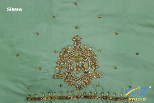 Light Spring Green Silk Blouse Piece With Aari Work