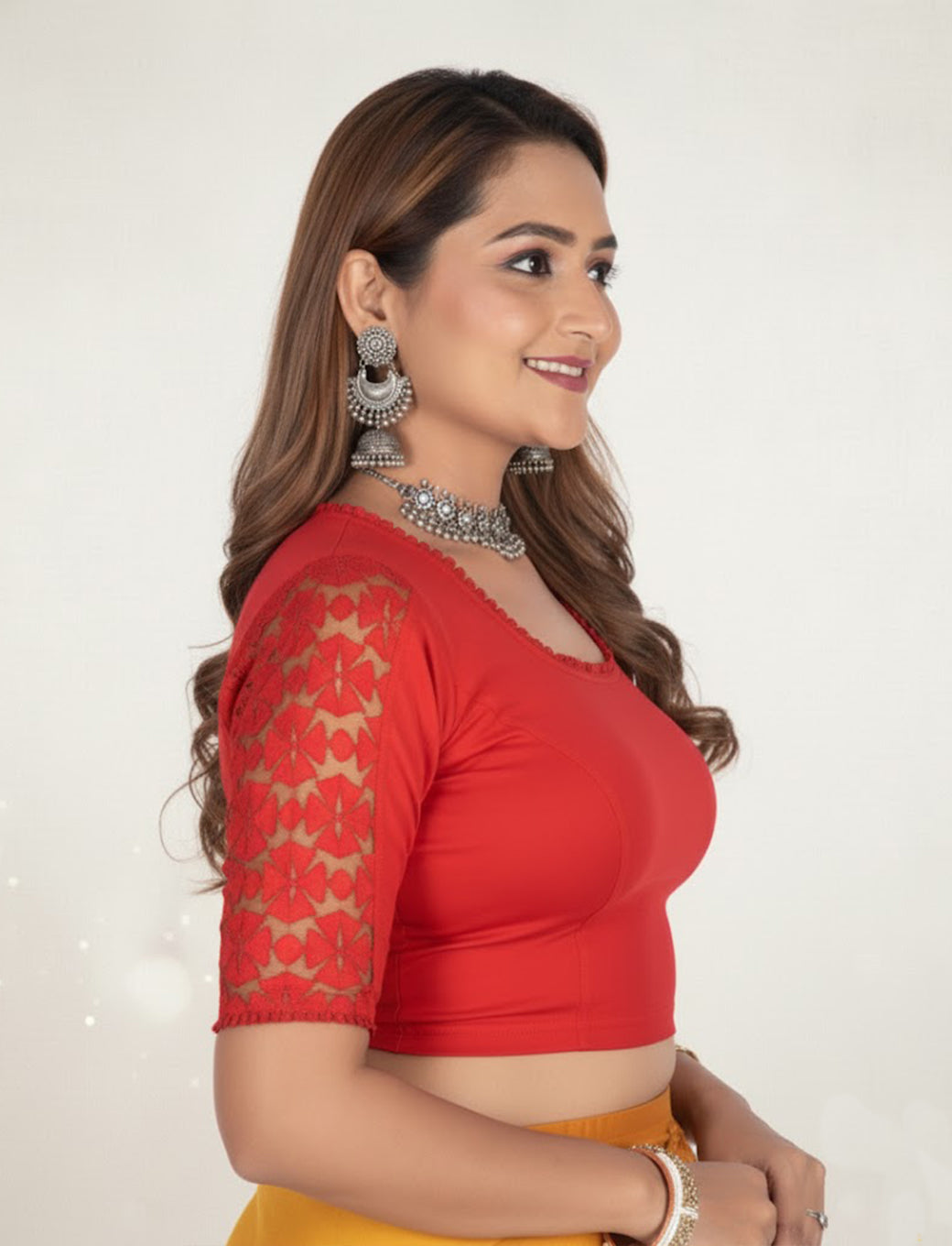 Red Cotton Lycra Blouse with Netted Flower Design