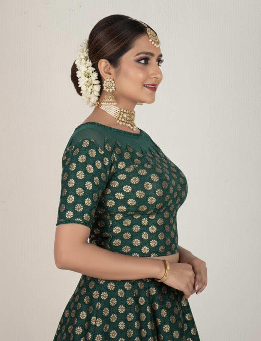 Dark Green Crush Blouse with Golden Flower & Net