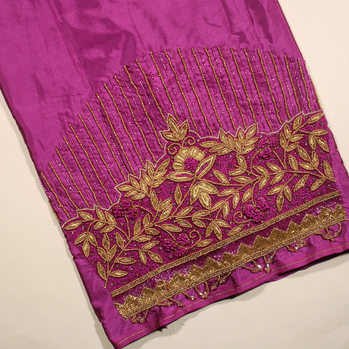 "Luxury DkPurple Silk Blouse Material with Gold Zardozi and Bead Detailing"