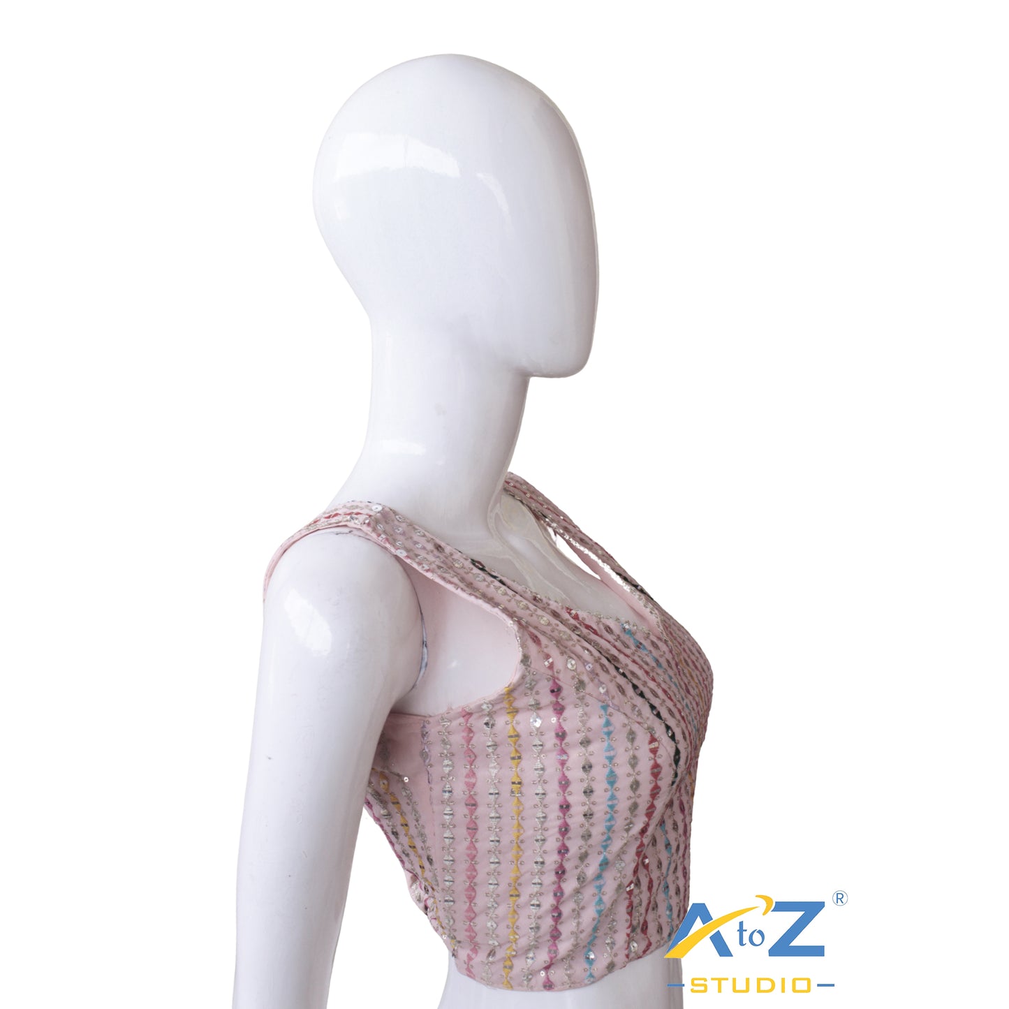 Baby pink Georgette Blouse with Multicolored Vertical Sequin Embroidery and Stylish Back Tie