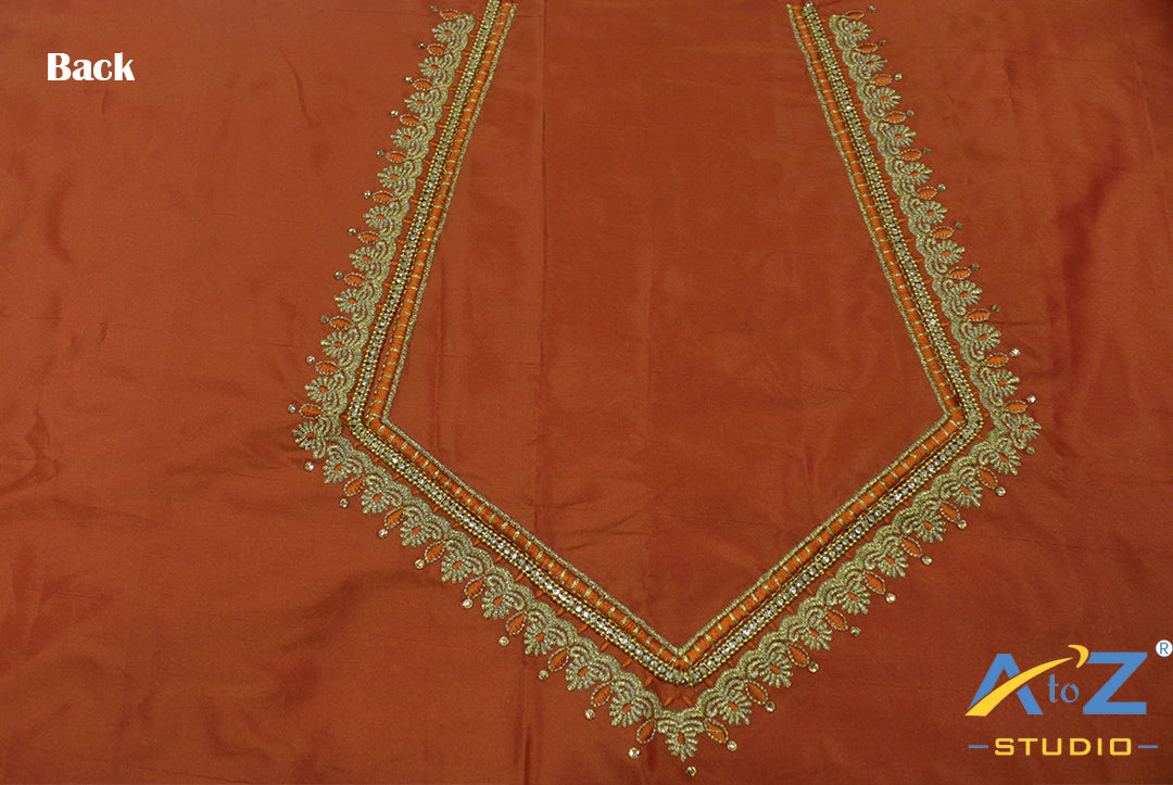 Dark Dusty Orange Silk Blouse Piece With Machine Work