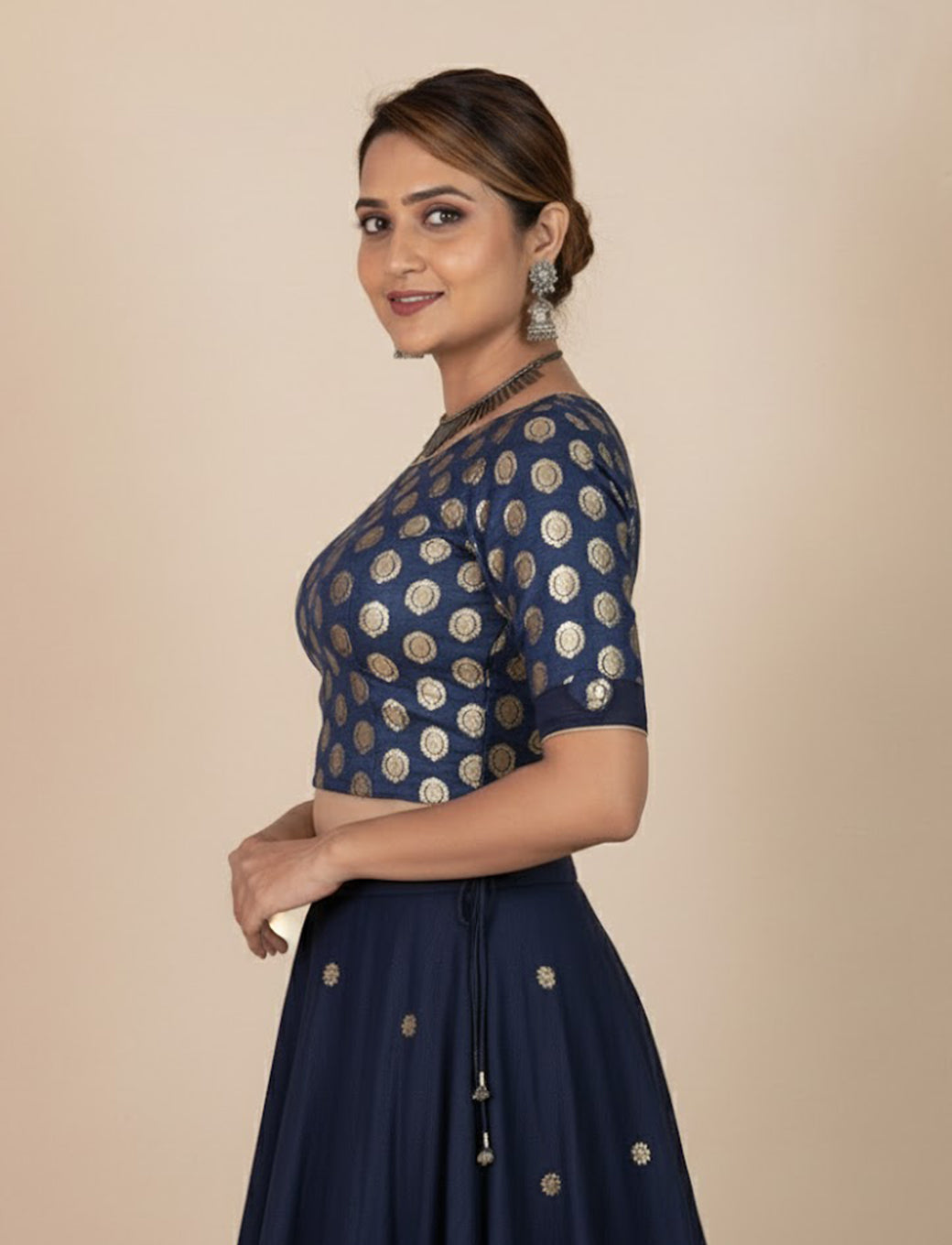 Navy Blue Crush Blouse with Golden Mango Print