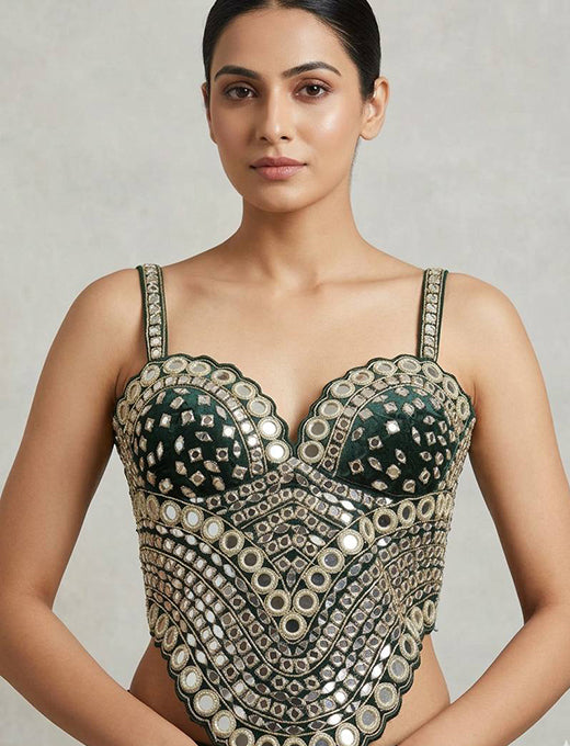 Green Mirror Work Designer Corset Blouse
