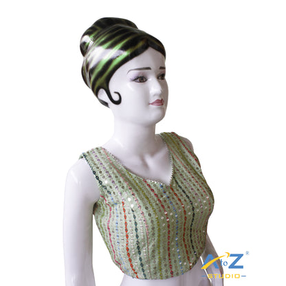 Elegant Pista Green Georgette Blouse with Multicolor Sequin Stripe Embellishments