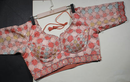 Peach Patchwork Sequined Blouse with Sweetheart Neck