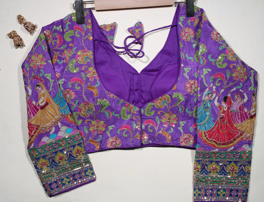 Purple Silk Blouse with Hand-Embroidered Dandiya Dancer Sleeves & Zardosi Work