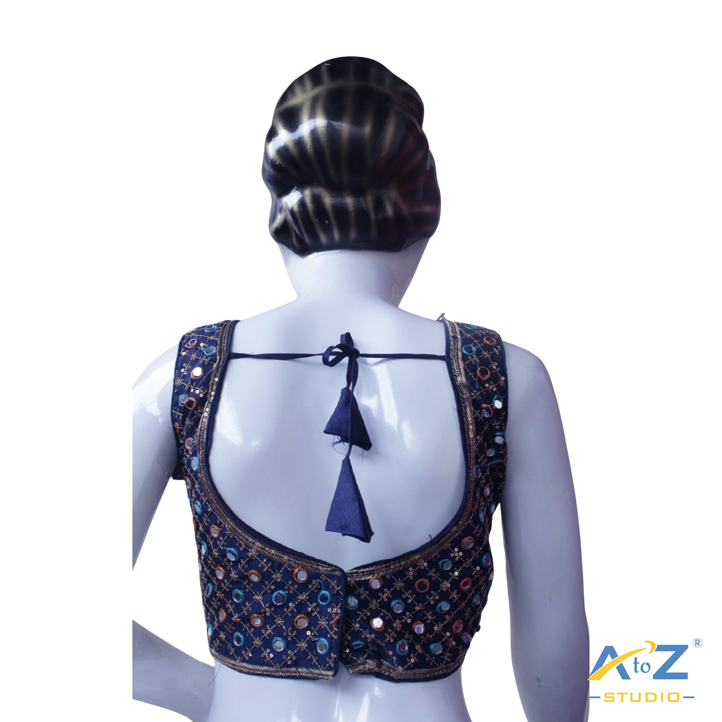 Hand-Embroidered navy blue blouse with sequin & Mirror work