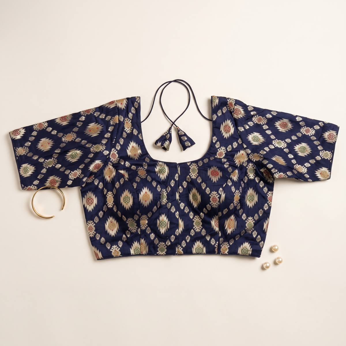 Navy Blue Banaras Silk Brocade Blouse with Zari Geometric Butta