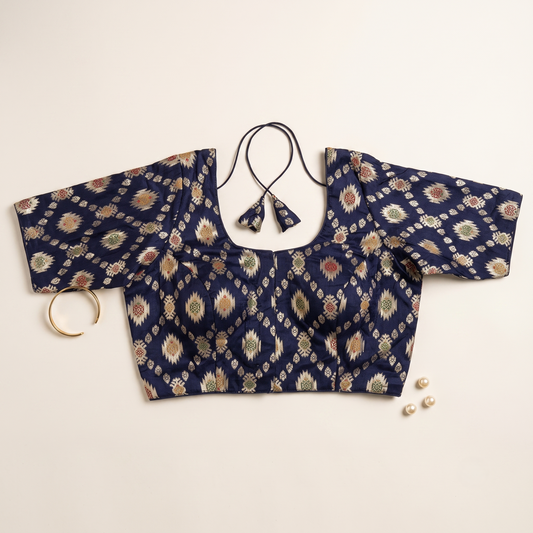 Navy Blue Banaras Silk Brocade Blouse with Zari Geometric Butta