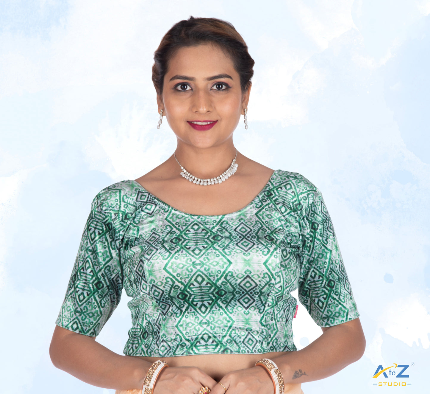 Green Velvet Mehendi Design Elbow Sleeve Blouse