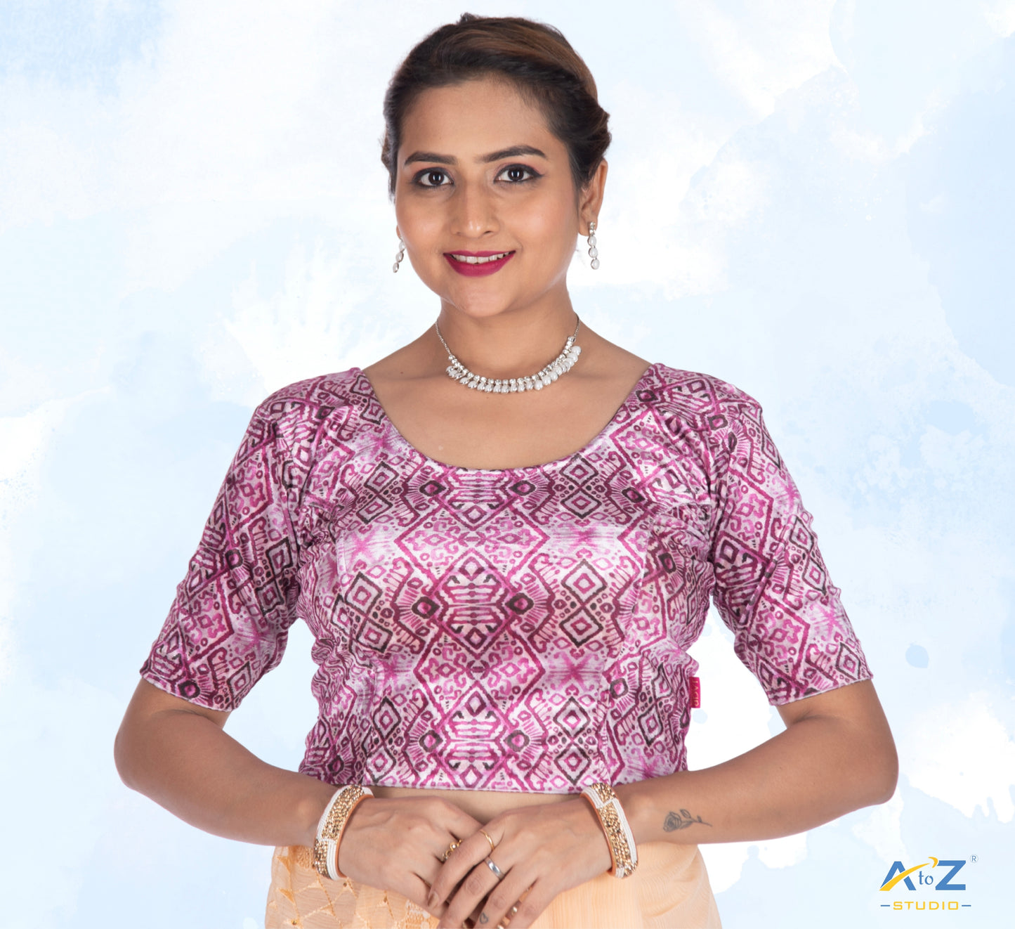 Magenta Velvet Mehendi Design Elbow Sleeve Blouse