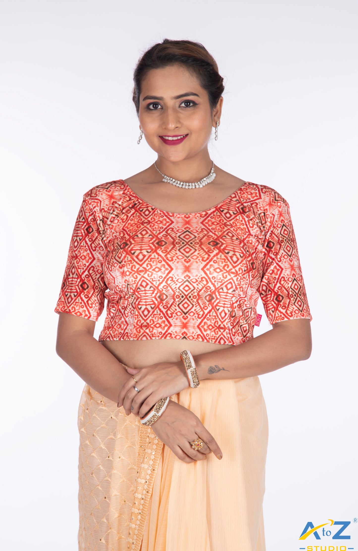 Red Velvet Mehendi Design Elbow Sleeve Blouse