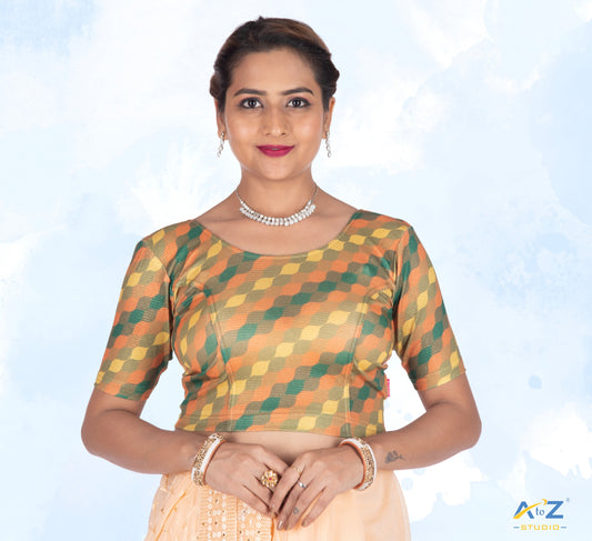 Mehendi Nylon Lycra Cross Check Multi Print Blouse