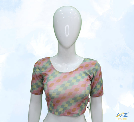 Onion  Nylon Lycra Cross Check Multi Print Blouse