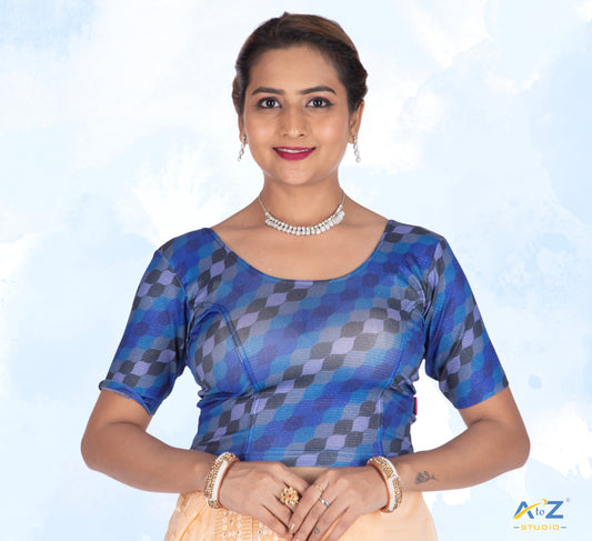 Royal Blue  Nylon Lycra Cross Check Multi Print Blouse