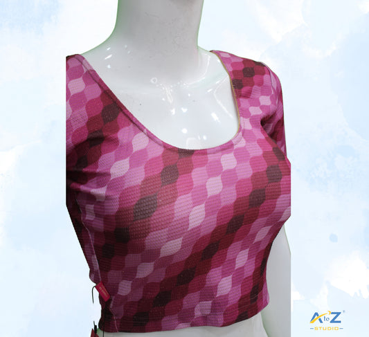Wine  Nylon Lycra Cross Check Multi Print Blouse