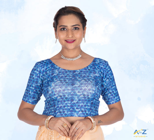 Blue Nylon Lycra Hexagonal Multi Print Blouse