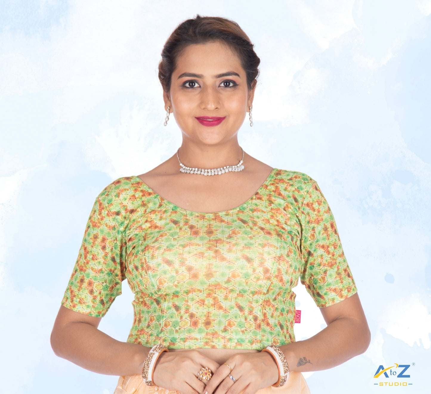 Green  Nylon Lycra Hexagonal Multi Print Blouse